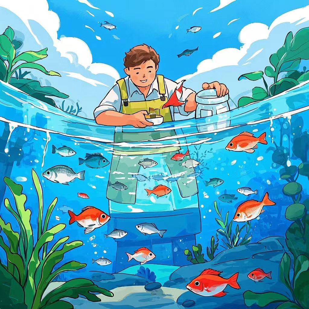 老邱在水族环境中观察与照料观赏鱼